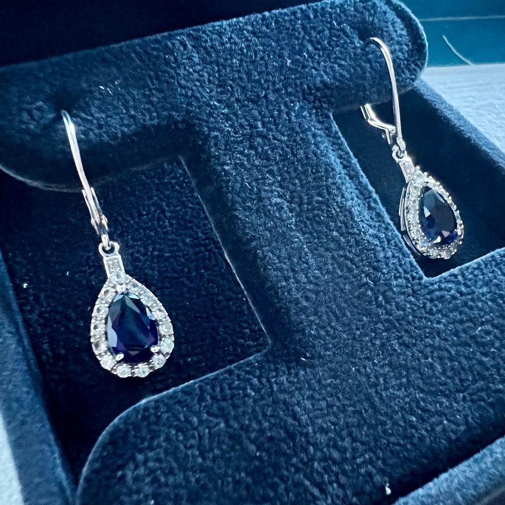 Solid 10k White Gold Dangle Teardrop Earrings With Lab Created Sapphire